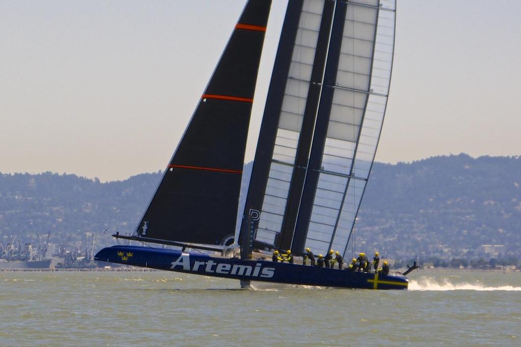 First foiling - Artemis Racing - Blue Boat - First Sail, July 24, 2013 © John Navas 